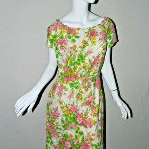 Vtg McMULLEN Dress Pink Coral Green Floral Medium